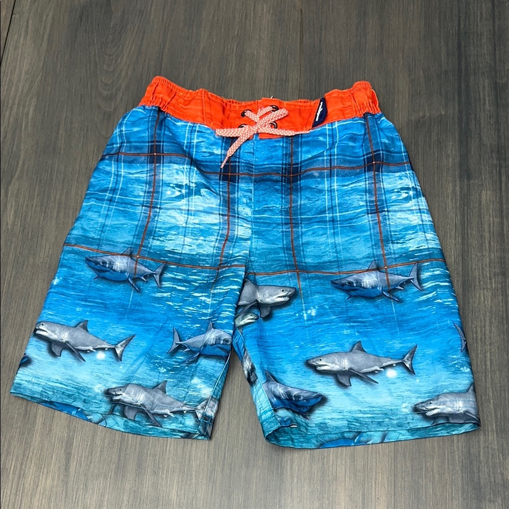 ZeroXposur Blue and Orange Shark Print Swim Shorts Size M-5/6